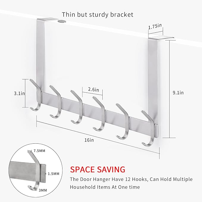 YUMORE Over the Door Hooks, Heavy Duty Door Hanger, Brushed Finish | Stainless Steel, Rust Resistant Finish, Space-Saving Storage, Easy Install, Fits Most Standard Doors