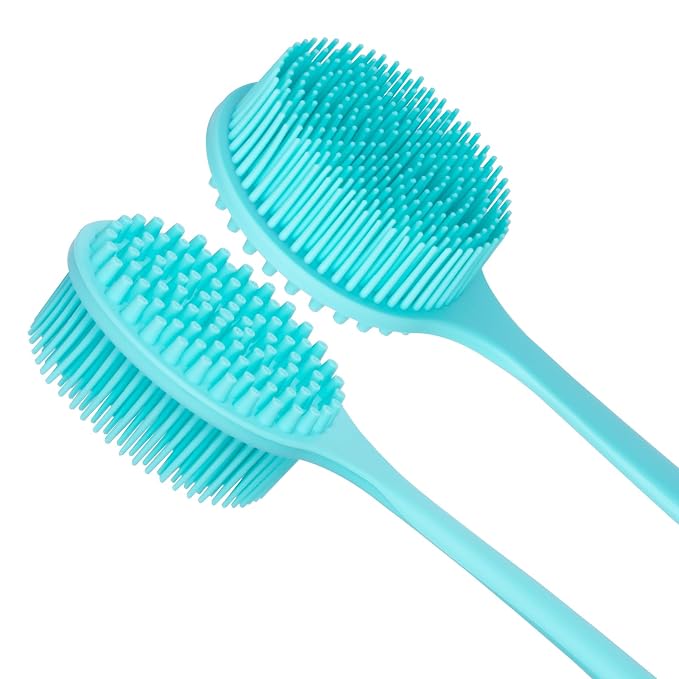DNC Silicone Back Scrubber for Shower, Soft Bath Body Brush with Long Handle (Blue)