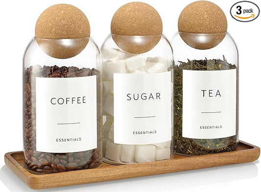 3 Pack Coffee Sugar Tea Container Set, 27oz Glass Jars with Cork Ball Lids | Decorative Coffee and Sugar Jars, Glass Coffee Bar Containers with Acacia Tray, Cute Glass Storage Jars, Sugar Holder