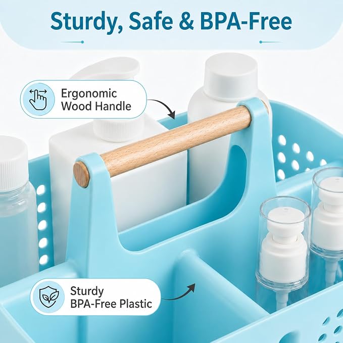 Portable Shower Caddy Basket with Wood Handle, 3-Compartment Bathroom Organizer Tote with Drain Holes, Plastic Shower Basket for Dorm, Toiletries, Cleaning Supplies, Light Blue