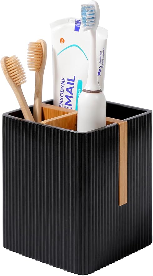 rejomiik Toothbrush Holders for Bathrooms Countertop, 3 Slots Electric Tooth Brushing and Toothpaste Storage Organizer Stand for Toiletries and Beauty Accessories, Black