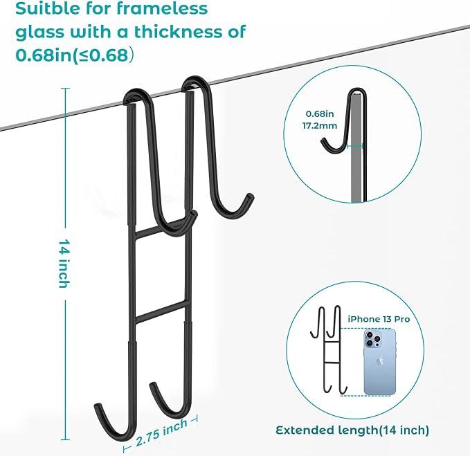 Cerbonny Shower Door Hooks (14 Inch), 2 Pack Super Extended Towel Hooks for Bathroom, Over Door Hooks, Shower Hooks for Frameless Glass Door, Black