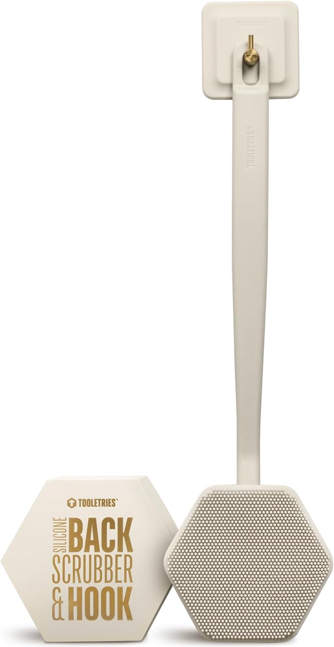 TOOLETRIES Silicone Back Scrubber with Hook, Exfoliating Body & Bath Brush, Long Ergonomic Handle, Non-Slip Grip for Hard-to-Reach Areas, Hygienic Silicone Bath Accessory for Men & Women - Sand