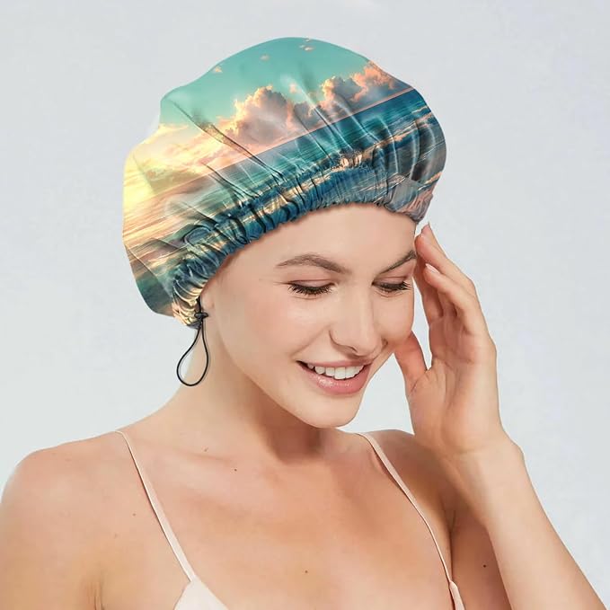 2 PCS Shower Cap Reusable Waterproof Double Layers Hair Caps Shower Bath Adjustable Elastic Hat for Women Girls Cute Aesthetic-Beach Sea Turtle