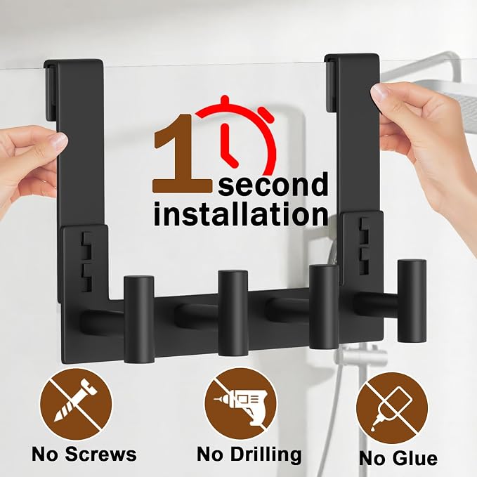 Extended Robe Door Hooks, Heavy Duty Stainless Steel Towel Hooks for Frameless Glass Shower Doors, Towel Hanger Rack, Shower Hooks for Bathroom (Black-4 Hooks, 1 Pack)