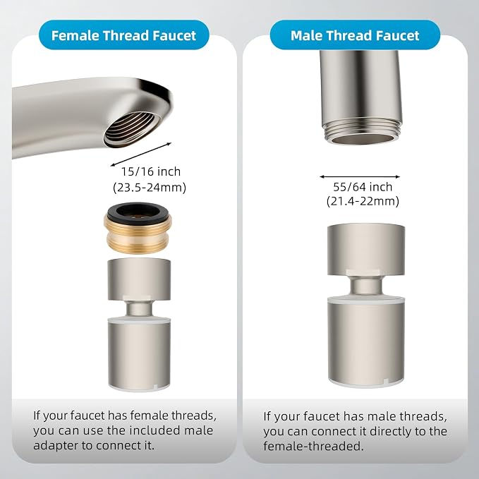 Hibbent NSF/ANSI/CAN 61 Certified Faucet Aerator, CUPC Certification 360° Swivel Kitchen Faucet Aerator, 2 Flow Sprayer Modes Water Saving Faucet Extender-55/64"-27UNS Female Thread/Brushed Nickel