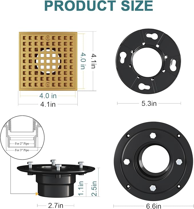4-1/4" Square Shower Drain Kit - Champagne Bronze 304 Stainless Steel Low Profile Floor Drain with ABS Flange & Hair Catcher (Fits 2"/3" Pipes, Gold Finish)