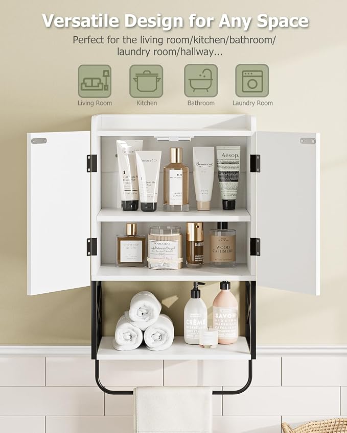 Masupu Bathroom Cabinet Wall Mounted, Wooden Medicine Cupboard with Adjustable Shelves, Space-Saving Wall Storage Unit for Bathroom, Kitchen and Living Room (9" D x 15.35" W x 27.16" H,Modern White)