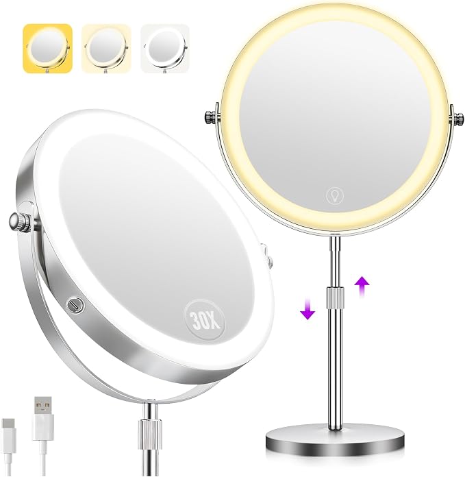 30X Makeup Mirror with Lights, Brightness Adjustable with 3 Colors, Double Sided Magnifying Mirror with 360° Rotation, Lighted Makeup Mirror with Magnification, Ideal Gift for Women -Nickel