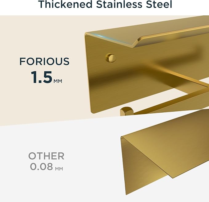 FORIOUS Toilet Paper Holder with Shelf, 304 Stainless Steel Wall Mount Commercial Toilet Paper Dispenser, Double Tissue Roll Holder for Bathroom, Brushed Gold