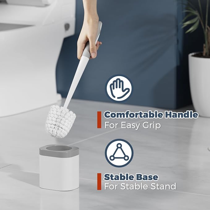 Holaloha Toilet Brush and Holder Set, Space Saving, 2 Pack, White | Bathroom Accessories, Ergonomic Silicone Handle, Dense Bristles, Deep Cleaning, Scrubber, Compact Design