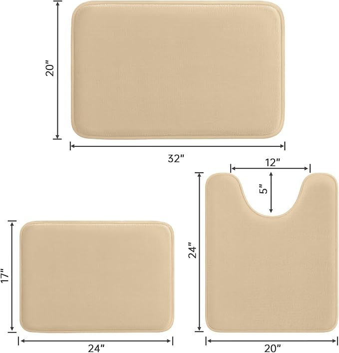 HUXMEYSON 3-Piece Memory Foam Bathroom Rug Set, Khaki | Quick Dry Velvet Surface, Non-Slip & PVC Backing, Ultra Soft Bath Rugs for Bathroom, 17"x24"+20"x32"+U Shape 20"x24"
