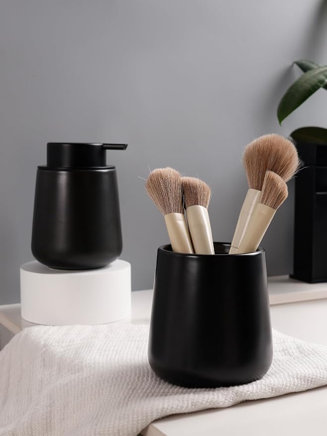 Bosilunlife Soap and Toothbrush Holder Set - Ceramic Bathroom Accessories Set Black Foaming Hand Soap Dispenser Set Bathroom Counter Toothbrush Holder and Soap Dispenser Set