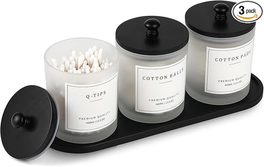 eggs sound 3 Pack Qtip Holder - Bathroom Organizers and Storage, Cotton Round Swab Holder Dispenser Cotton Ball Holder with Tray, Glass Apothecary Jars with Lids, Floss Pick Containers - ms black