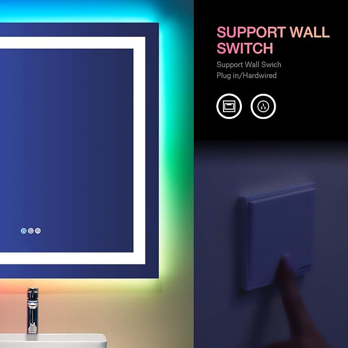 LOAAO 36"X36" RGB LED Bathroom Mirror with Lights, UL Listed | Anti-Fog, Dimmable, RGB Backlit + Front Lighted, Memory Function, Tempered Glass