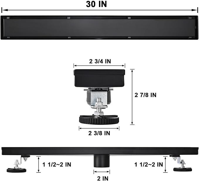 AVSIILE Linear Shower Floor Drain, Black 30 Inch 304 Stainless Steel Bathroom Drains Kit, Rectangular Shower Trench Drain with Reversable Tile-in Pattern Drain Cover & Hair Catcher