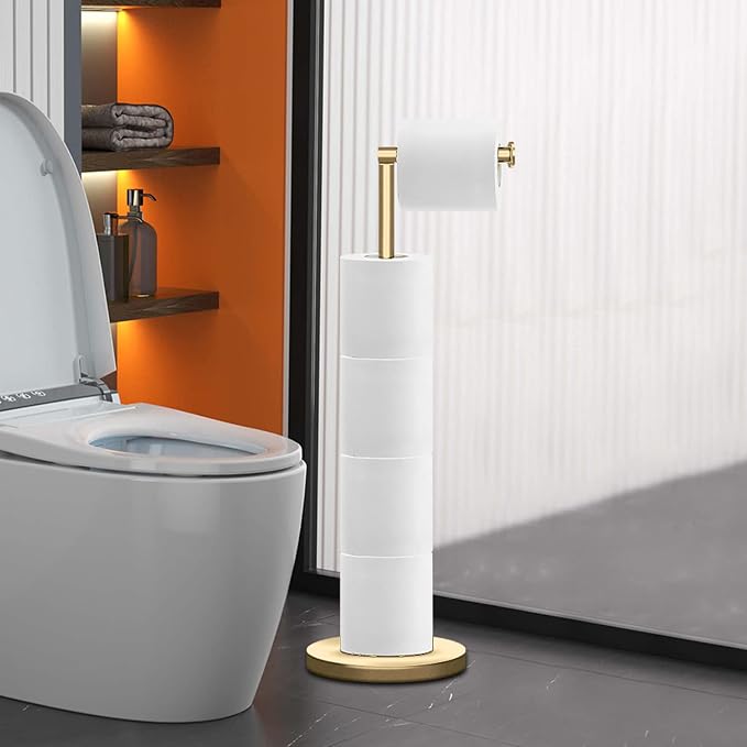 RRM Toilet Paper Holder Stand, Bathroom Free Standing Toilet Paper Holder with Reserve Storage 3-4 Toilet Paper Rolls (Golden) (Pack of 2)