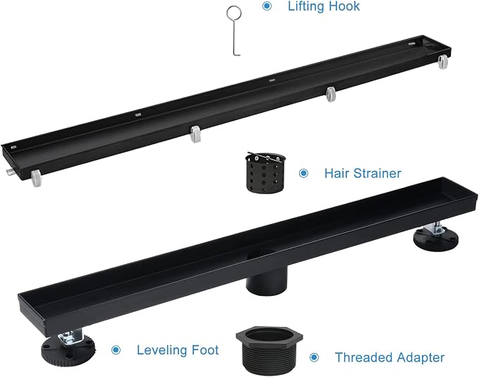 Linear Shower Drain, 36 inch Black Drain with Tile Insert 2-in-1 Panel, Brushed 304 Stainless Steel Shower Floor Drain, Linear Drain with Hair Strainer and Adjustable Feet