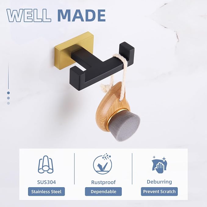 Angle Simple Double Towel Hook Black & Gold, Stainless Steel Bathroom Towel Holder, Coat Robe Hook Wall Mount