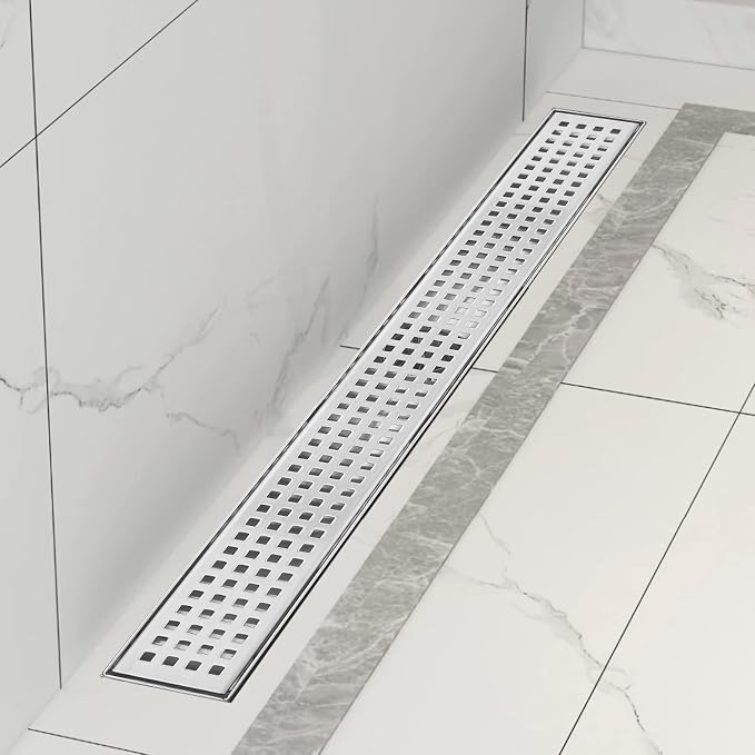Linear Shower Drain, Shower Drain 32 inch with Removable Grate Cover, Professional AISI 304 Stainless Steel Shower Floor Drain, Linear Drain with Hair Catcher and Leveling Feet