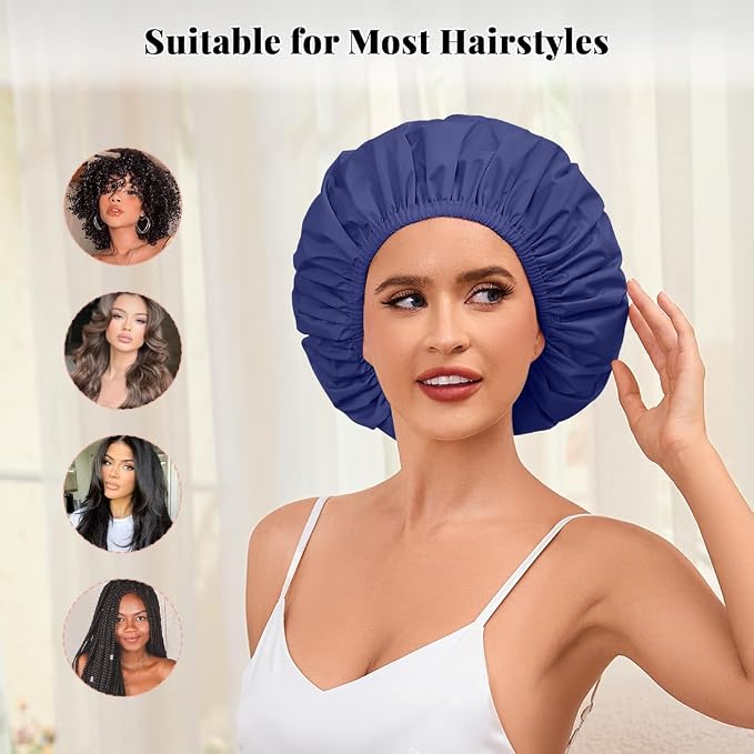 3 Pack Reusable Shower Caps for Women Waterproof, Large Hair Cap for Shower and Bath, Comfortable Bath Hat for Long Hair