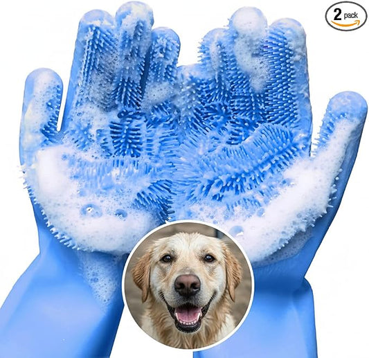 2-in-1 Cat and Dog Shampoo Gloves with 3000 Soft Silicone Bristles (Blue) | 11.6" Dog Bath Gloves for Massage, Grooming & Clean Wet or Dry; Saves Shampoo; for Every Breed and Coat Style; Universal Size