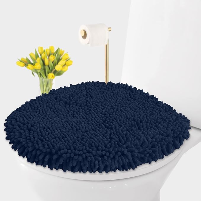 LuxUrux Toilet Lid Cover with Stretch Fit Elastic Band – Chenille Microfiber Toilet Seat Non-Slip Cover for Bathroom – Soft Plush, Machine Wash And Dry, Comfort & Clean Look (18x18'', Navy)