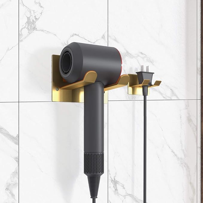 XIGOO Self Adhesive Hair Dryer Holder Wall Mounted | Stick on Wall Bathroom Hair Blow Dryer Rack, Organizer Compatible with Supersonic Hair Dryers, Gold