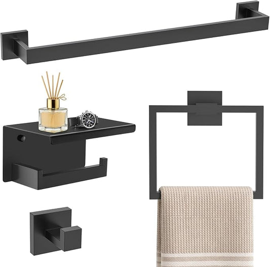 TURS Bathroom Hardware Set Black 4-Piece Towel Bar Set Include 24 Inch Towel Bar Towel Ring Towel Hook Toilet Paper Holder with Shelf Wall Mounted.