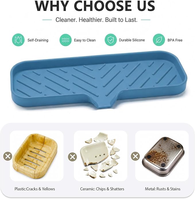 MicoYang Silicone Soap Dish with Drain Spout — Self-Draining Double Sink Organizer Tray for Kitchen & Bath, Dispensers, Sponges & Soap Holder, Non-Slip & Dishwasher Safe, Lichen Blue (Large, 12"×4")