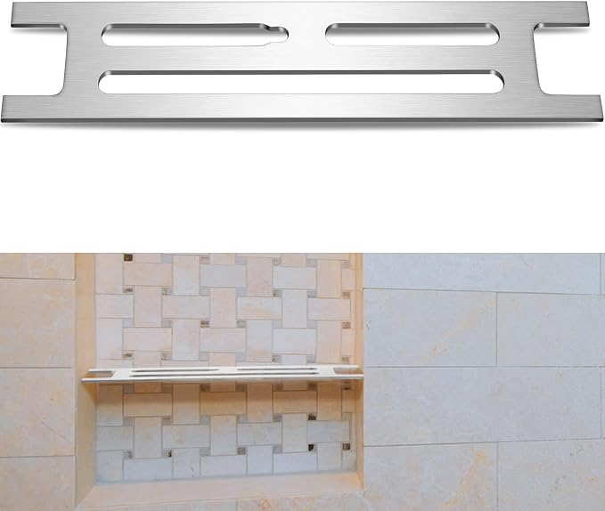 Teenyyou 1 Pcs 316 Stainless Steel Shower Niche Shelf Insert - 3mm Ultra-Thin Brushed Metal Divider for 12" Prefabricated Niches, Marine Grade Floating Shelf for Bathroom Tile Remodel & Storage