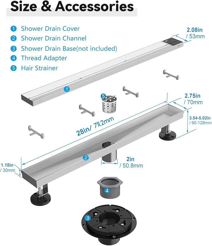 Linear Shower Drain 28 Inch, 2 in 1 Rectangular Shower Floor Drain, 304 Stainless Steel Linear Shower Drain with Tile Insert Grate, Adjustable Feet,Hair Filter