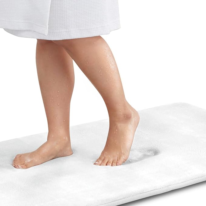 Memory Foam Bath Mat Non Slip Absorbent Super Cozy Velvet Bathroom Rug Carpet (22 inches X 36 inches, White)
