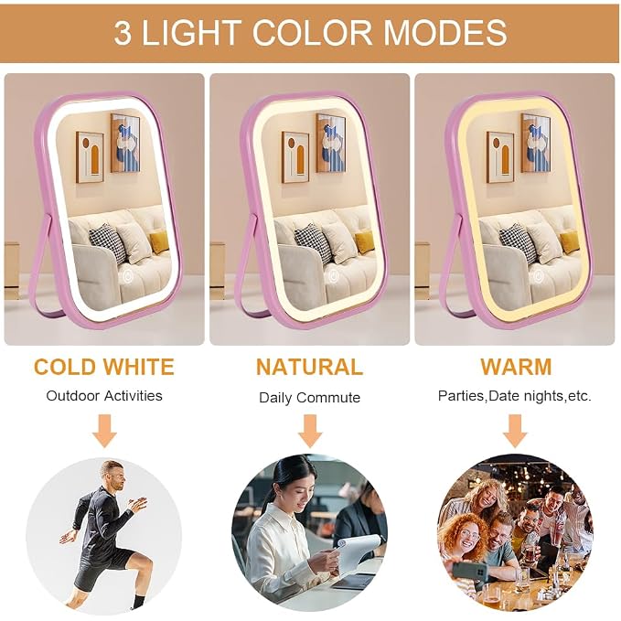 YEKKOPT Lighted Vanity Mirror, Rechargeable Travel Makeup Mirror with Lights, 8''x6'' Desk Mirror with Lights,Make up Mirror with Lighting for Makeup Desk ＆ Dressing Room