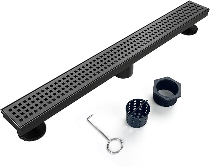 Linear Shower Drain, 48 inch Black Drain with Removable Grate Cover, Brushed 304 Stainless Steel Shower Floor Drain, Linear Drain with Hair Strainer and Adjustable Feet