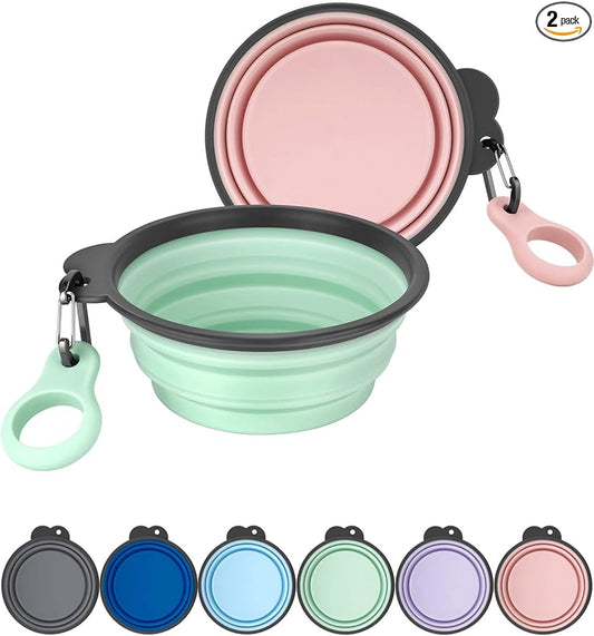 2 Pack 15oz/1.8 Cup Collapsible Dog Bowls with Bottle Carrier | Upgraded Carabiner,One-piece Molded Rim Won't Fall Off or Crack, Foldable Portable for Pets Water Drinking or Food Feeding