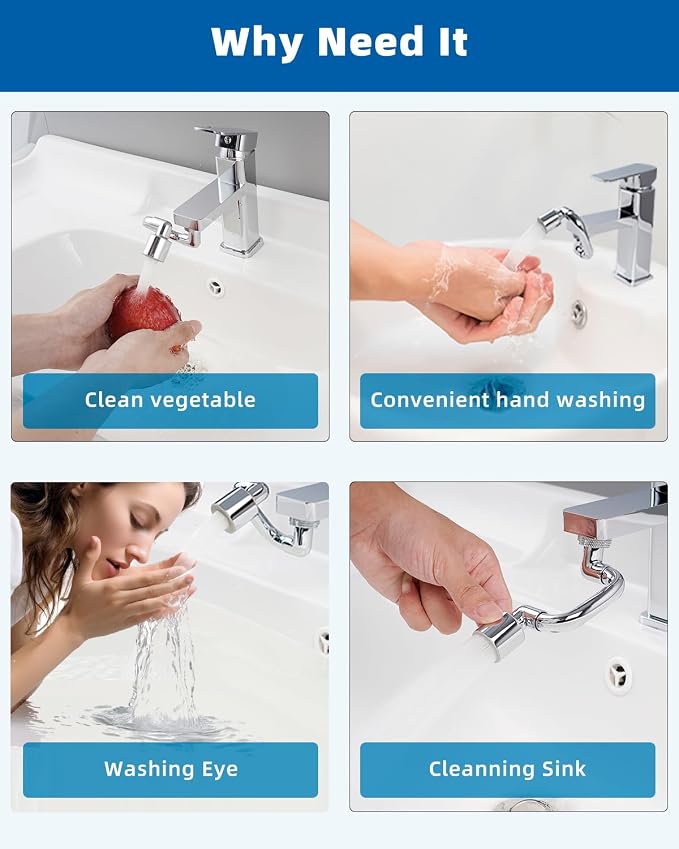 Hibbent 1080° Swivel Faucet Extender, Metal Rotatable Sink Faucet Aerator with Metal Extension, 2 Functions Kitchen & Bathroom Sink Sprayer, Faucet Attachment for Face Washing, Chrome
