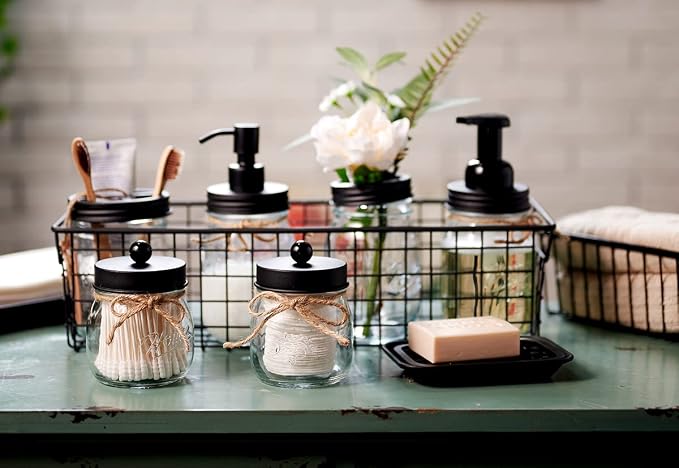 SheeChung Mason Jar Toothbrush Holders, Bathroom Accessories, Bathroom Essentials, Bathroom Organizers and Storage, Bathroom Countertop Organizer, Glass Toothbrush Holders for Bathroom-Black