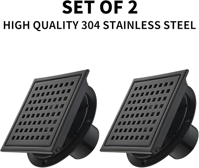 6 Inch Square Shower Drain Set of 2 with Removable, Square Grille, 304 Stainless Steel, Includes Shower Drain Base Hair Filter, Black, for Bathroom, Kitchen, Balcony 2 Pack