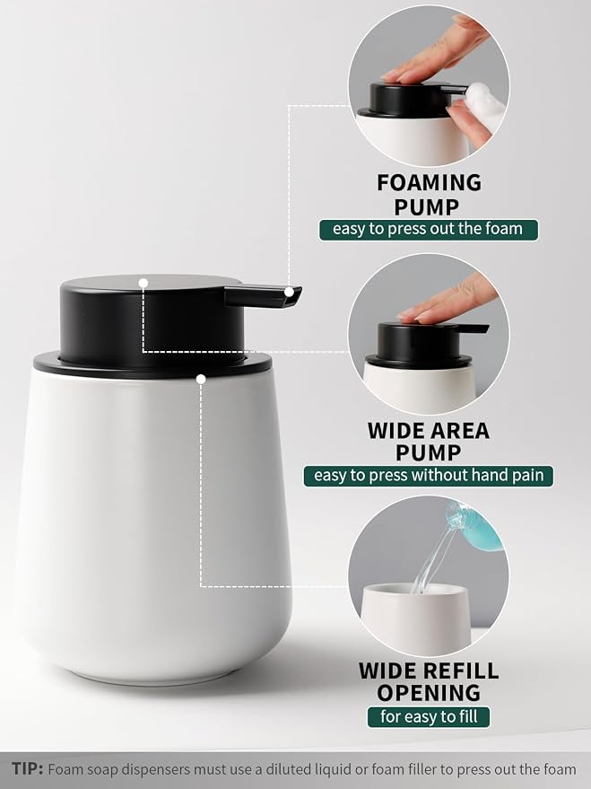 Bosilunlife Soap and Toothbrush Holder Set - Ceramic Bathroom Accessories Set White Foaming Hand Soap Dispenser Set Bathroom Counter Toothbrush Holder and Soap Dispenser Set