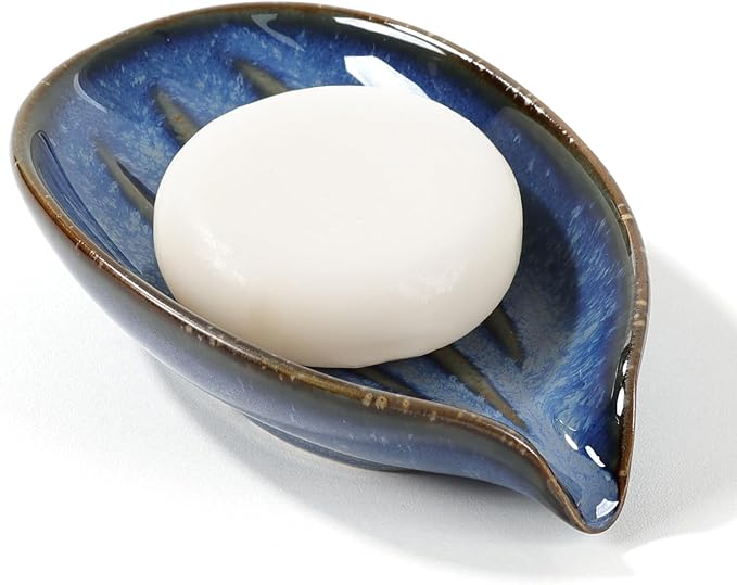 Soap Dish, Self-Draining Soap Holder, Leaf Shape Ceramic Bar Soap Holder Drain Soap Dishes for Bathroom Sink Kitchen, Easy to Clean Keeps Soap Dry, Blue, ANTIS'S HOME