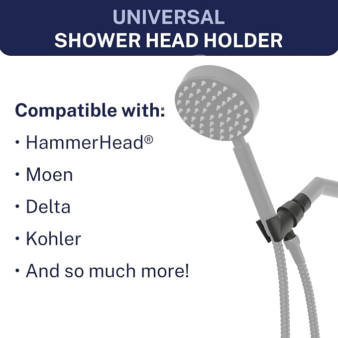 HammerHead Showers® Solid Metal Handheld Shower Head Holder - Matte Black - Adjustable Shower Wand Holder with Universal Wall Hook Bracket and Brass Pivot Ball - Hand Held Shower Head Holder
