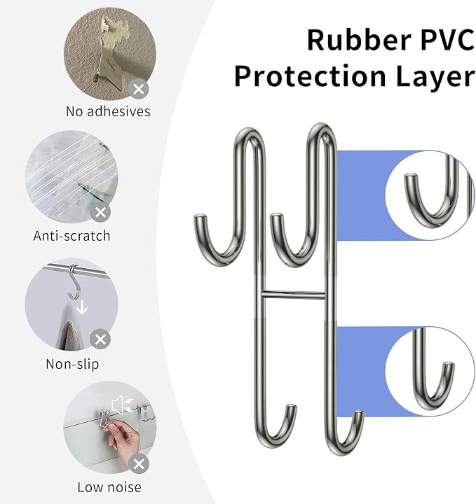 Over Shower Glass Door Hook, 2 Pack Silver 304 Stainless Steel Extended Shower Door Hooks, Bathroom Frameless Drilling-Free Hanger, Double Side Towel Hooks, for Bathing Suits, Robe, Loofah, Shaver
