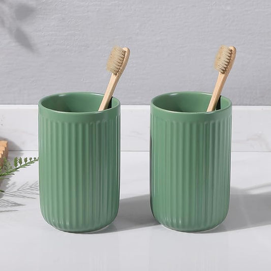 Green Toothbrush Holders for Bathrooms - 2 Cups Ceramic Toothbrush Toothpaste Holders Set, Green Bathroom Tumbler Cups Reusable Toothbrush Mouthwash Cup, Bathroom Counter Organizer.