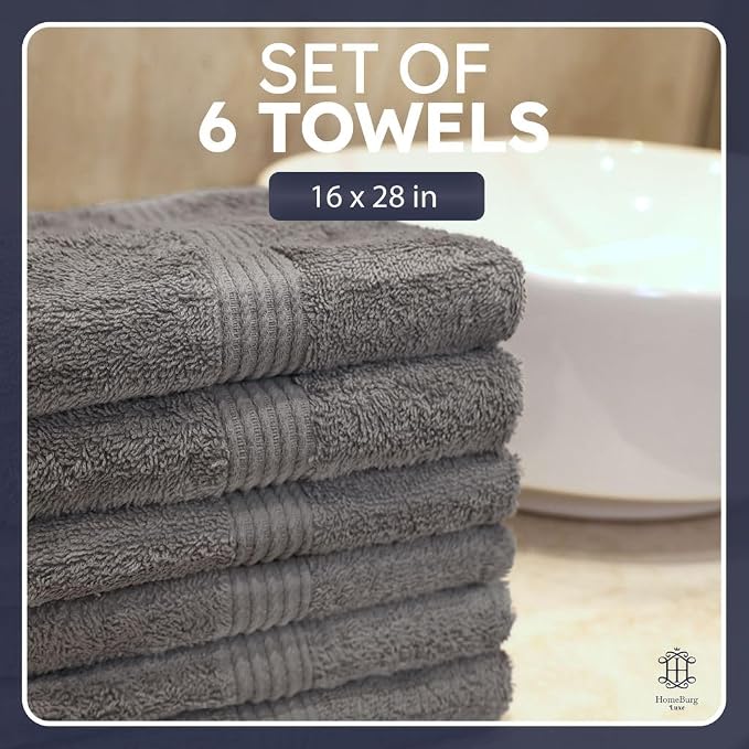 Luxe 6-Piece Hand Towel Set – Soft & Absorbent Cotton, Hotel Quality, Quick-Drying, Easy Care,16 x 28 in (Stone Grey)