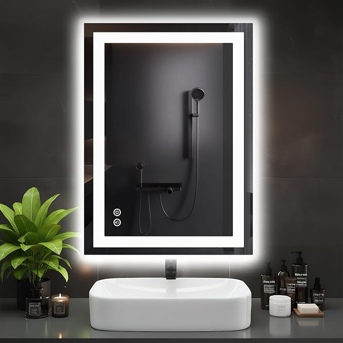 DUMOS 24.1"x32.1" LED Bathroom Mirror, Bathroom Vanity Mirror | Smart Anti-Fog, Front Light and Backlit, 3 Color Temperatures, Dimmable, Memory Function