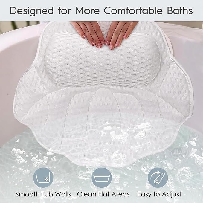 Spa Bath Pillow for Tub — Bathtub Pillow for Head Neck & Back Support, Ergonomic 4D Air Mesh, 6 Suction Cups (Smooth Tubs Only), Machine Washable with Laundry Bag