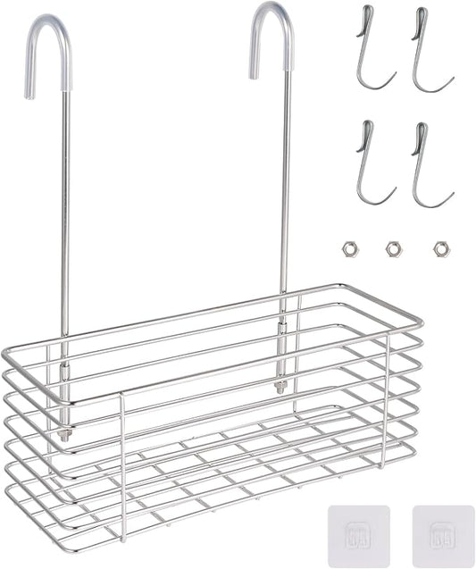 Antrader Hanging Shower Rack,Shower Caddy Hanging,Hung on the Faucet or the Door,the Back Hook Can be Rotated,No Drilling,304 Stainless Steel,Single Layer Shelf
