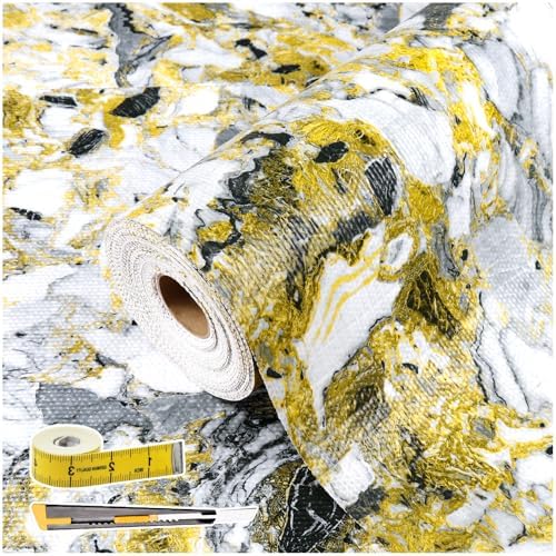 Drawer and Shelf Liner - Yellow Black Marble Pattern,Non Adhesive