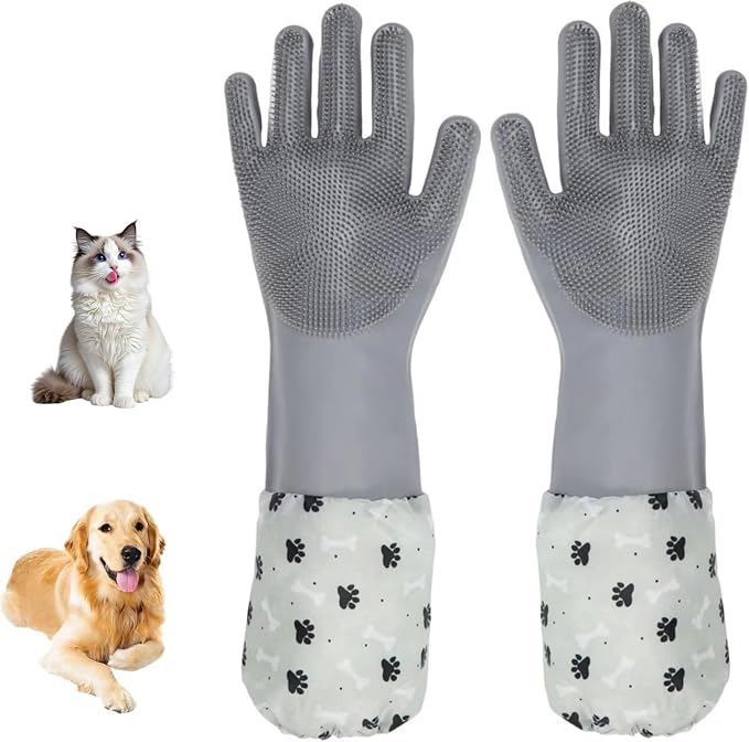 Dog Washing Gloves- Long Sleeved Pet Grooming Gloves - Heat Resistant Silicone Gloves with High-Density Teeth - Efficient Deshedding Glove for Dogs, Cats, Rabbits and Horses
